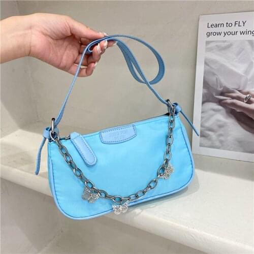 Women Luxury Designer Metal Butterfly Chain Handbag Fashion Blue Simple Underarm Shoulder Bags Female Daily Hobos Crossbody Bag