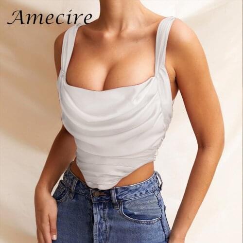 Amecire Bretelle Satin Lining Boining Zipper Holiday Clothes Cut Out Top Festival White Rave Outfit Vest Backless Tops