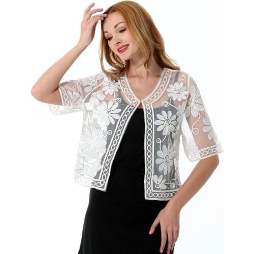 Retro Women Lace Sequins Stitching Embroidery Floral Cardigan Half Flare Sleeve V Neck Sheer Caple Coat Over Size