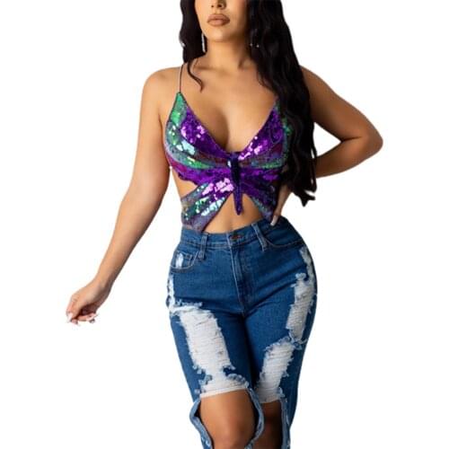 Womens Butterfly-shaped Sequin Halter Top, Sexy Sleeveless Deep V-neck Backless Crops Sling Vest for Summer Wear