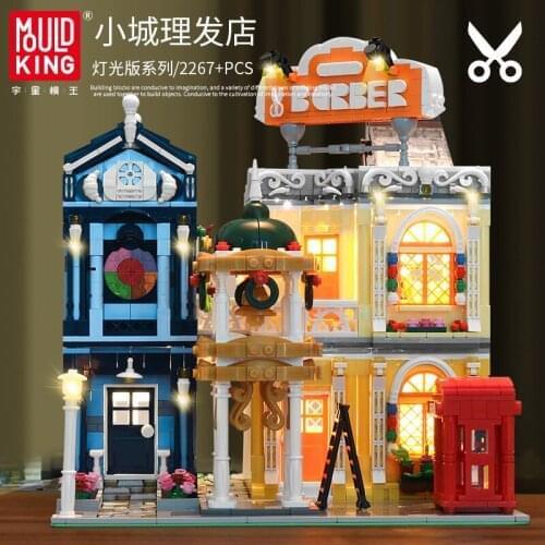 MOULD KING 16031 Streetview Building Blocks The Barber Shop In Town Model With Led Light Assembly Bricks Kids Toys Birthday Gift