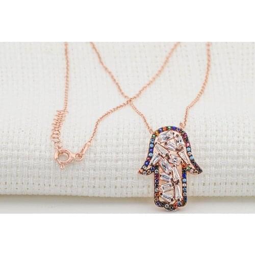 925 sterling Silver Baguette Cubic Zirconia Fatma'nın Hand With the Lady Necklace