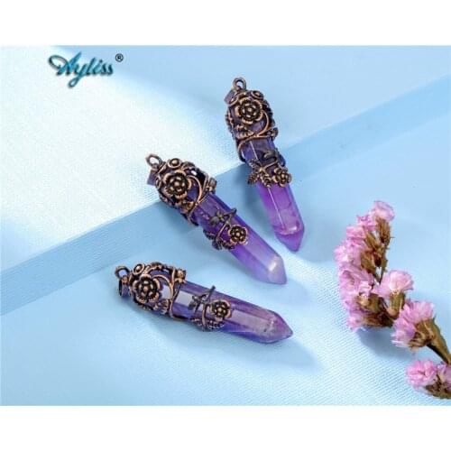 Ayliss Natural Stones Pendant Antique Flower Copper Wired Wrapped Gem Crystal Reiki Pendulum Hexagonal Healing Pendant Necklace