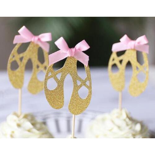 Glitter ballarina shoes with bow Princess Birthday Cupcake Toppers baby shower baptism wedding Party Decor food picks