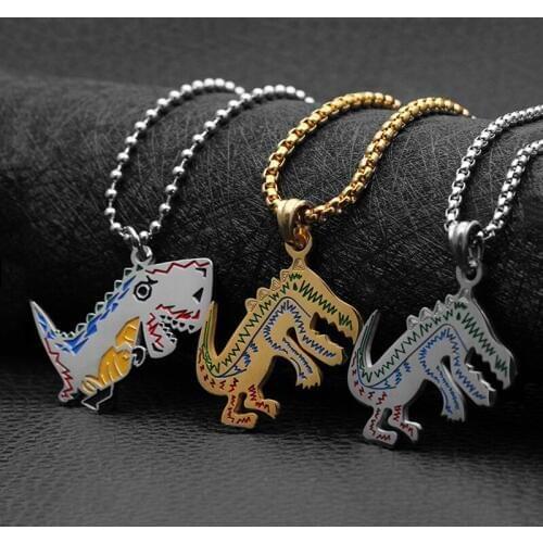 Colorful Statement Dinosaur Tyrannosaurus Choker Stainless Steel Necklace Pendant Chain Collar Animal Accessories Jewelry Women