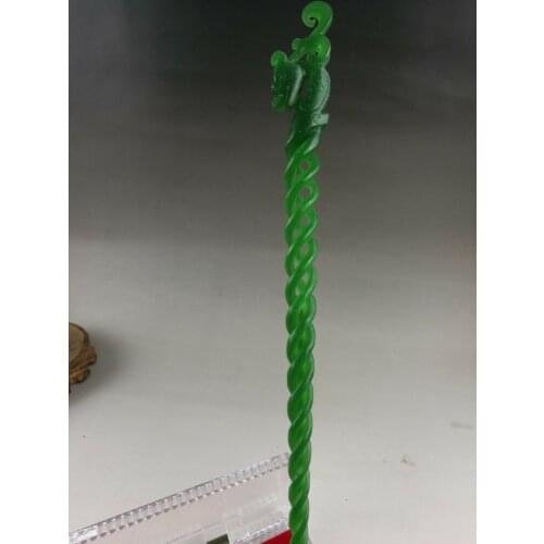 Exquisite China manual Carved Hollow-out Green jade hairpin dragon Statue