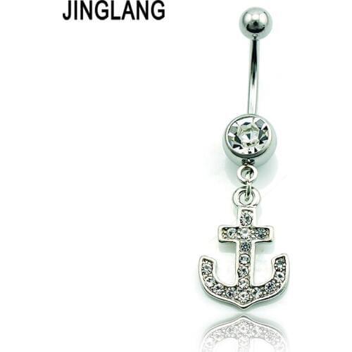 JINGLANG Fashion Belly Button Rings Surgical Steel Barbell Dangle White Rhinestone Width Anchor Navel Piercing Jewelry