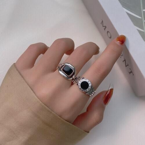 Morivovog 925 Sterling Silver Black Zircon Square Finger Ring Korean Ladies Roman Numerals Retro Rings Women Statement Jewelry