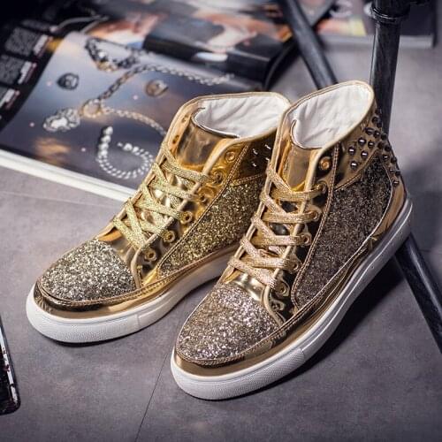 Autumn High Top Shiny Sneakers Men Golden Luxury Sneakers Mens Skateboard Shoes Couple Casual Design Shoes Men zapatos hombre