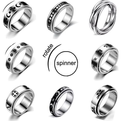 Fashion Finger Spinner Rotate Fidget rings Anxiety Mood punk Ring for Men Women Stainless Steel Silver Black Color Finger Ring