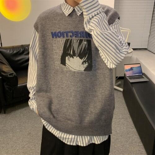 Mens hooded knit vest Korean version loose wear all-match net red chic sleeveless sweater vest jacket