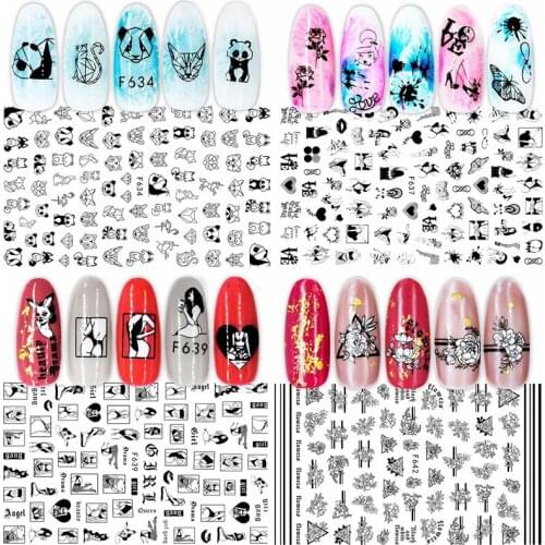 New Black Line Nail Stickers Mothers Day Series Flowers Leaves Heart Design Self-Adhesive Art Decorations for Women Girls