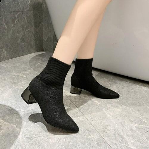 2021 Autumn Winter Womens Knit Elastic Socks Boots Pointed Toe Chunky Heel Boots Black Fashion Ankle Chelsea Boots