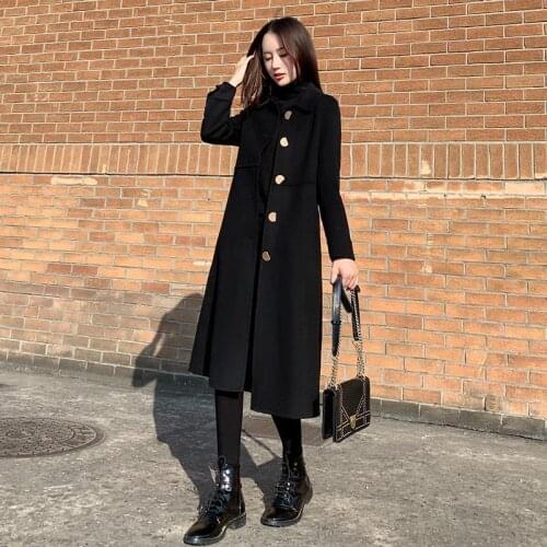 Autumn And Winter Fashion New Female Hepburn Over The Knee Woolen Coat Medium Long Lady Black Wool Coat