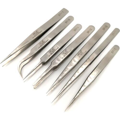 Pack of 7 VETUS SP Series Stainless Steel Tweezers Anti-Acid None Magnetic for False Eyelash Makeup Repairing Lab Clamping Tools