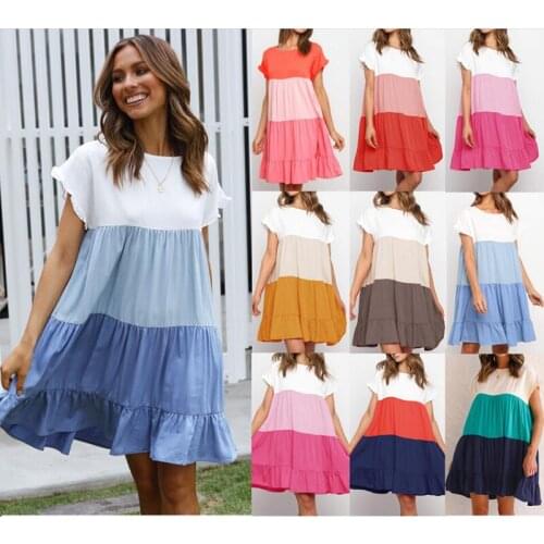 Summer Sexy Y2k Beach Casual Party Vintage Kawaii Plus Size Short Sleeve Ruffle Contrast Patchwork Stitch Mini Dress Women 2021