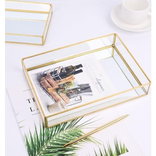 Nordic Cosmetics Jewelry Storage Tray Gold Rectangular Glass Organizer
