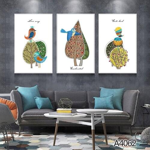 Modern Oil Painting Print on Canvas 3pcs Modular Color Cartoon Animal Bird Canvas Printing Wall Art Picture for Home Decor