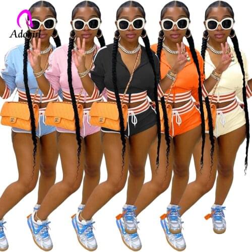 Tracksuit Women 2 Piece Set Zipper Fly Hooded Coat Drawstring Skinny Biker Shorts Fitness Stripes Sporty Yoga Workout Activewear