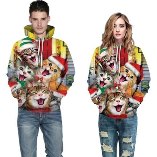 Happy Cat Christmas Digital Printing Couple Long-Sleeved Hooded Sweater Loose Casual fall/winter Womens Sweater