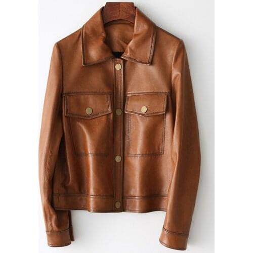 Vintage Spring Autumn Real Sheepskin Jacket Locomotive Slim High Quality Genuine Leather Coat Women Casual Outwear with Pockets