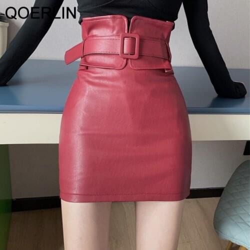 QoerliN Washed PU Leather Skirt Korean Slim High Waist Shorts Skirt Female Plus Size Belt Mini Skirts Safety Liner Shorts Skirts