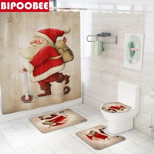 Santa Claus Bathroom Shower Curtain Bath Mat Set Cover Toilet Lid Anti-slip Carpet Merry Christmas Home Festival Decoration