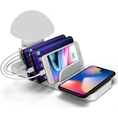 Multi Port USB Charger Mushroom Lamp USB Charging Station Dock Wireless Charger for iphone Samsung Mobile Phone Nightlight