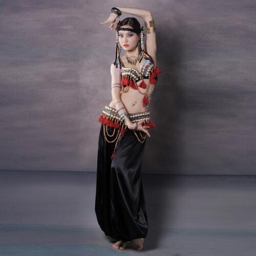 Women Tribal Vintage Belly Dance Costume Set 3-piece Beads Bra, Belt and Pants Satin Colorful Rhinestone Gypsy Costume Adult