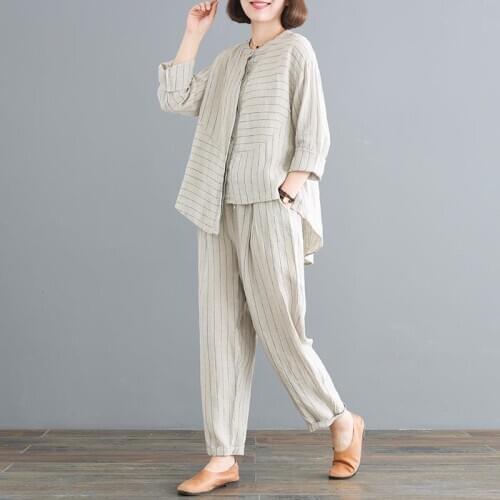 Mujer Loose Tops Pants Sets Women Autumn Stitching Harem Pants Retro Large Size Womens 2020 Striped Fashion Two-piece Suit Z543