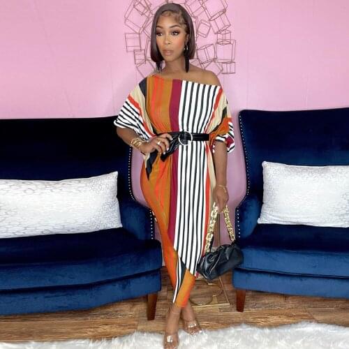 Striped Camouflage Print 2 Piece Set Tracksuit for Women Single Shoulder Side High Split Irregular Top and Pencil Legging Suits