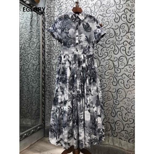 Top Quality New Cotton Dress 2020 Autumn Women Turn-down Collar Tropical Print Short Sleeve Mid-Calf Length Casual Vintage Dress
