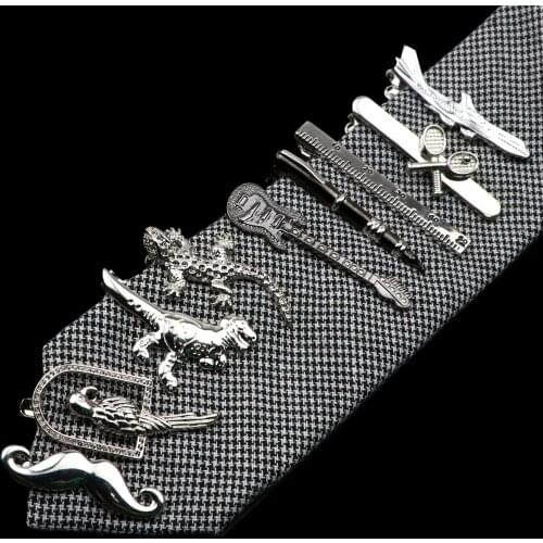 1 Piece Chrome Stainless Tie Clips Guitar lizard Dinosaur Bird Sword Pen Shape Tie Clip for Men Necktie Clips Pin For Mens Gift