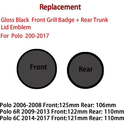 2PC Replacement Gloss Black Front Grill Badge + Rear Trunk Lid Emblem Logo for Polo 6R 6C 2006-2018