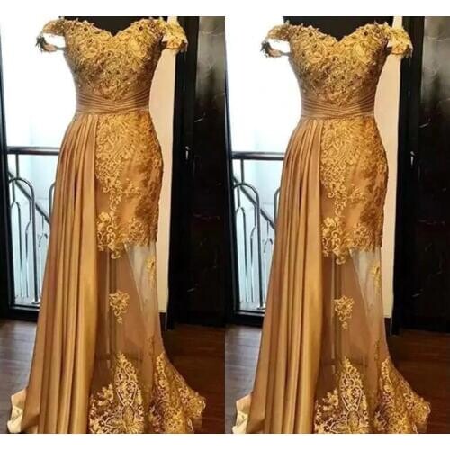 2019 Off The Shoulder Long Evening Dresses Arabic Golden Tulle Applique Ruched Floor Length Pageant Formal Party Gowns Prom