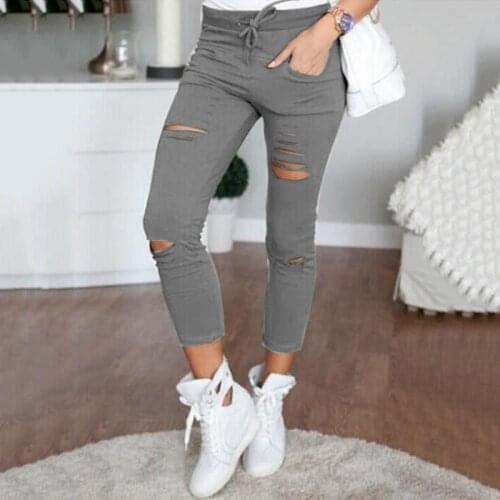 Women Pants Ripped Leggings Hole Thin Stretch Pencil Pants Worn Washed Women Clothing Woven Skinny Elastic Joggers Women Pants