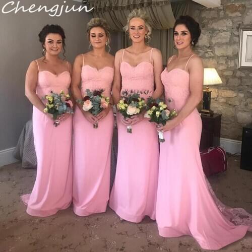 Chengjun Classic Pink Spaghetti Strap Sweetheart Mermaid Long Bridesmaid Dresses