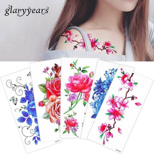 Glaryyears 6 Pieces/lot Simulation Rose Flower Decal Temporary Tattoo Sticker Peach Blossom Peony Waist Arm Body Art Tattoo 2019