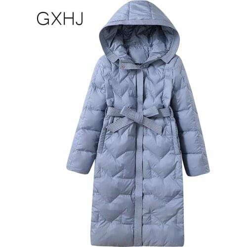 GXHJ Woman Long down coat hooded Lady Fashion White Duck Down Jacket Female Warm coat with belt пуховики женские зимние LHJ385