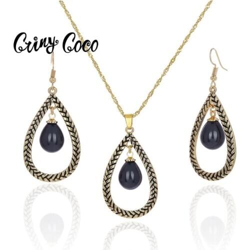 Hawaiian Polynesian Water Drop Jewelry Sets Fashion Gold Color Grey Pearl Earrings Necklaces Set For Women Girl New Year Gifts