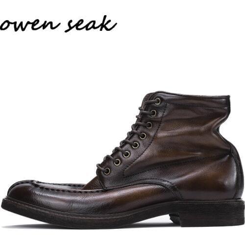 Owen Seak Men Casual Shoes High-TOP Ankle Riding Boots Retro Genuine Leather Sneakers Luxury Trainers Boots Flat Black Shoes