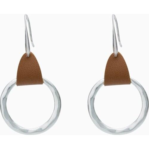 Circle Leather Dangle Earrings for Women Trendy Hammered Round Earrings Jewelry Gift For Her Accessories