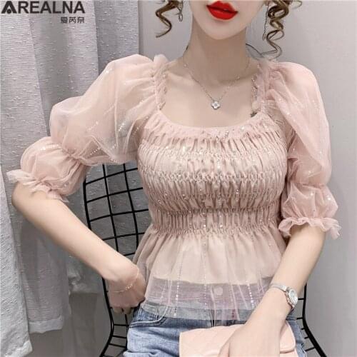 Fashion Women Lace Mesh Blouses 2021 Elegant Sequins Elasticity slim Square collar Sexy summer Bottoming puff Sleeve Ladies Tops