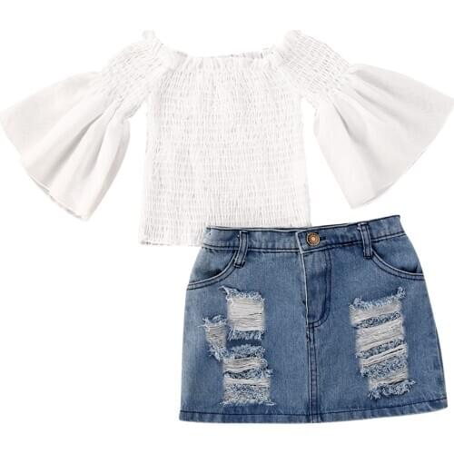 2020 Fashion Infant Baby Girls Clothes Sets Flare Long Sleeve Off Shoulder Tops+Denim Mini Skirts