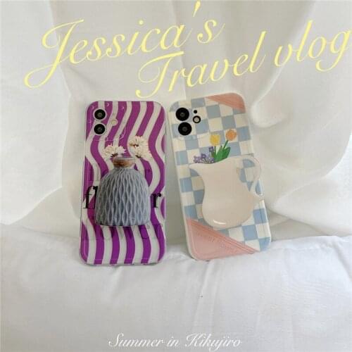 Korean Wave Point Camera Lens Vase Bracket Soft Phone Case For IPhone 12 7 8 Plus 11 Pro XR X XS Max Lovely Bumper Back Cover