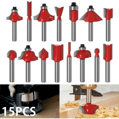 15pcs 1/4'' Milling Cutter Router Bits Set Tungsten Carbide Tools Combination Flower Cutter Woodworking Milling Cutter Accessory