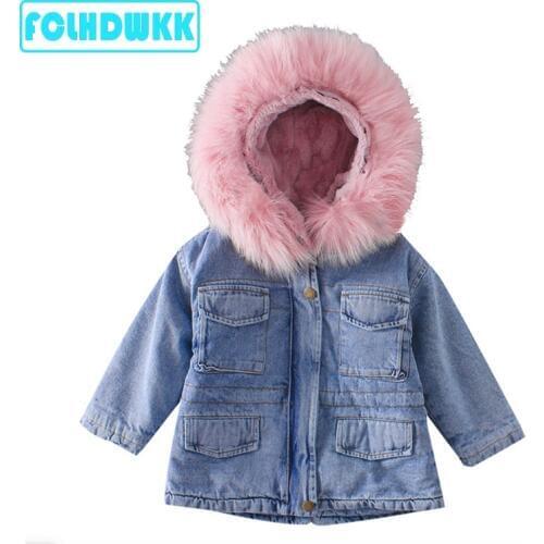 2020 new Girls winter jacket denim coat Thick fur collar kid clothes jacket toddler girl jacket kids hooded clothes 2-8Y old