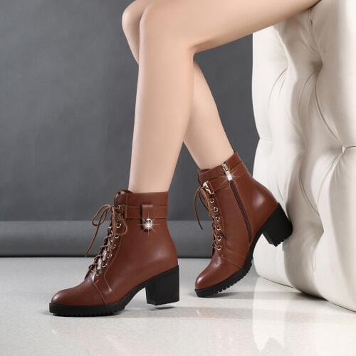 Autumn and Winter New England Lace Leather Booties with Thick with Martin Boots High Heel Womens Boots Tenis Feminino
