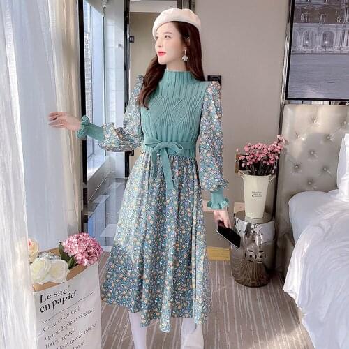 Autumn Winter New Dress 2021 Corduroy Knit Stitching Long Sleeves Base With Mid-length Elegant Gentle Temperament Floral Dress
