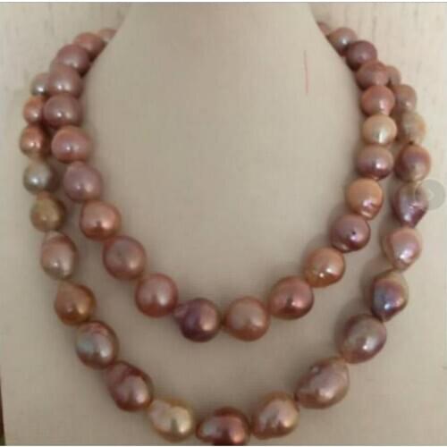 Fashion jewelry Free Shipping 13-15 mm natural freshwater gold pink pearl necklace 38 " 14 K gold